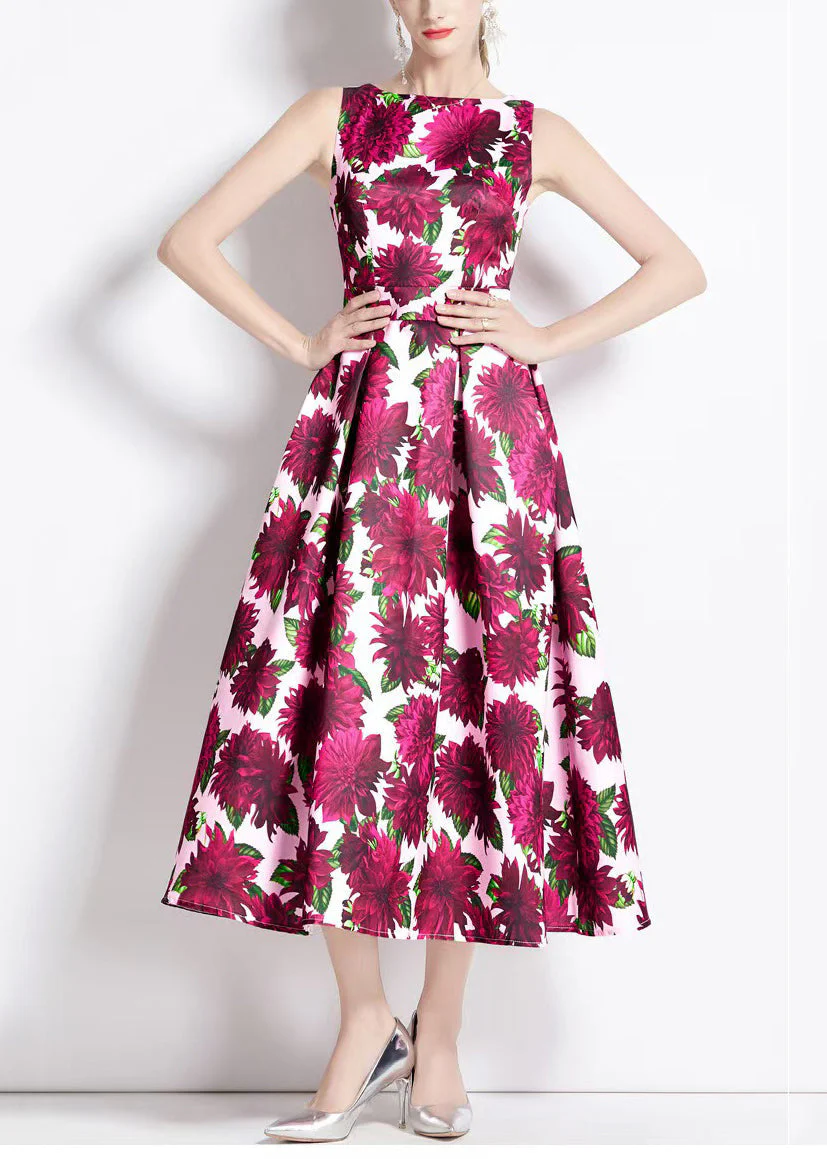 Beautiful Red Print High Waist Cotton Long Dresses Sleeveless - Image 3