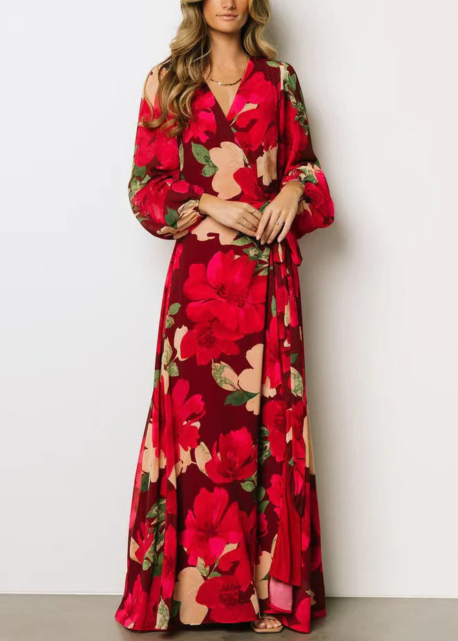 Beautiful Red Print Side Open Cotton Maxi Dresses Fall - Image 2