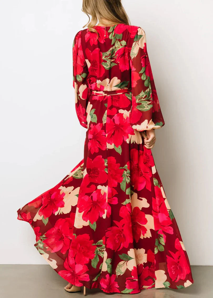 Beautiful Red Print Side Open Cotton Maxi Dresses Fall - Image 4