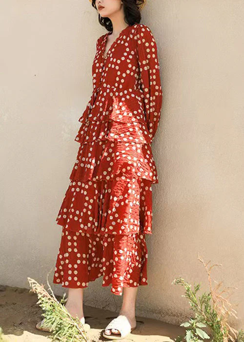 Beautiful Red Ruffled Dot Chiffon Long Dresses Spring