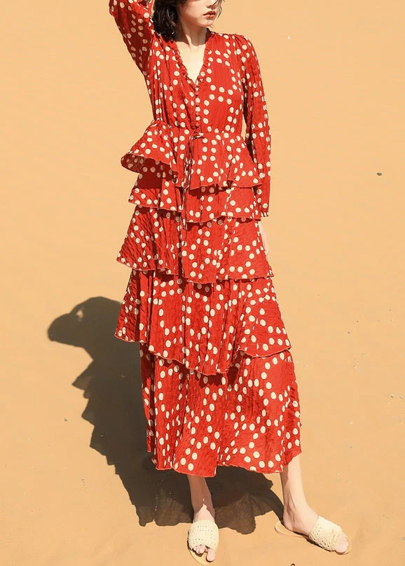 Beautiful Red Ruffled Dot Chiffon Long Dresses Spring - Image 2