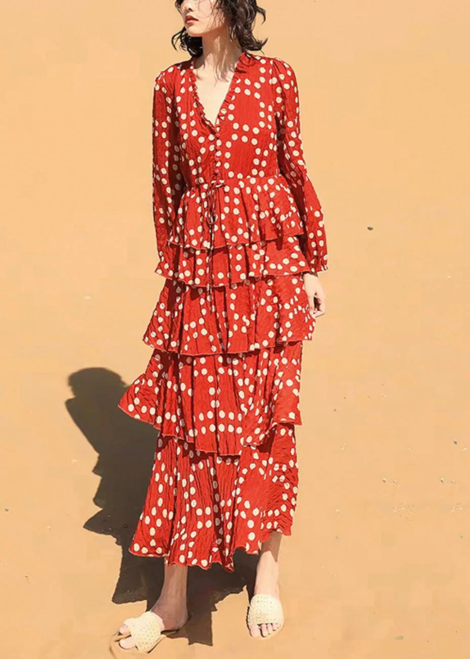 Beautiful Red Ruffled Dot Chiffon Long Dresses Spring - Image 3