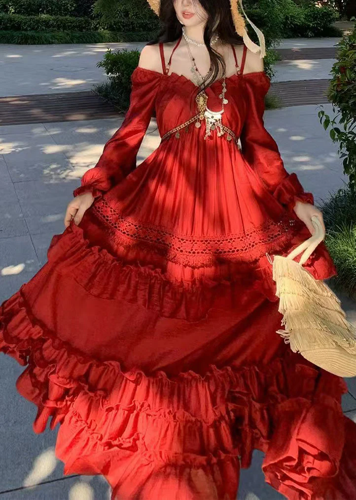 Beautiful Red Ruffled Patchwork Maxi Spaghetti Strap Dress Lantern Sleeveless