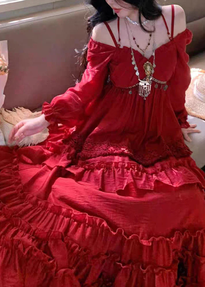 Beautiful Red Ruffled Patchwork Maxi Spaghetti Strap Dress Lantern Sleeveless - Image 2