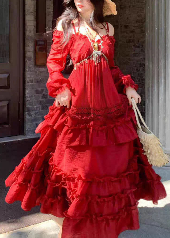 Beautiful Red Ruffled Patchwork Maxi Spaghetti Strap Dress Lantern Sleeveless - Image 3