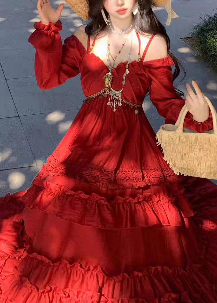 Beautiful Red Ruffled Patchwork Maxi Spaghetti Strap Dress Lantern Sleeveless - Image 4
