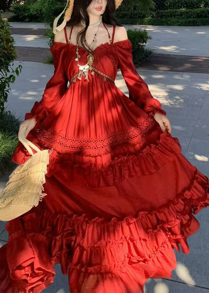 Beautiful Red Ruffled Patchwork Maxi Spaghetti Strap Dress Lantern Sleeveless - Image 5
