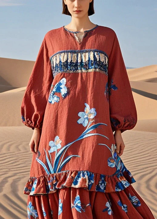 Beautiful Red Ruffled Patchwork Print Cotton Holiday Dress Spring - Image 2