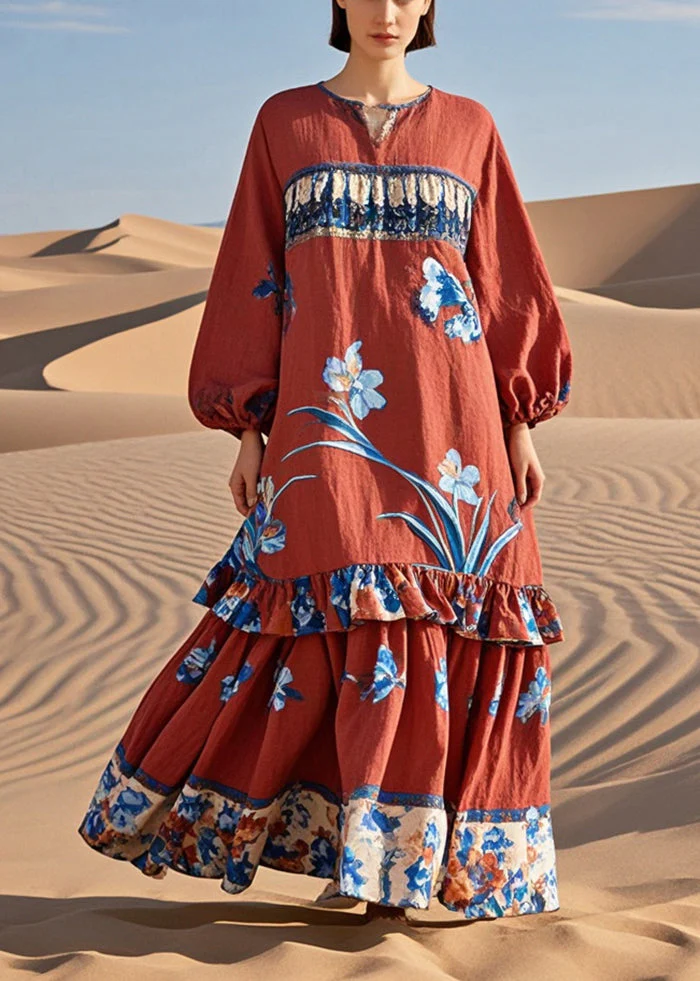 Beautiful Red Ruffled Patchwork Print Cotton Holiday Dress Spring - Image 3