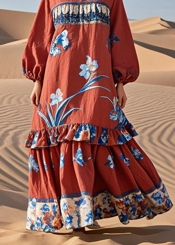 Beautiful Red Ruffled Patchwork Print Cotton Holiday Dress Spring - Image 4