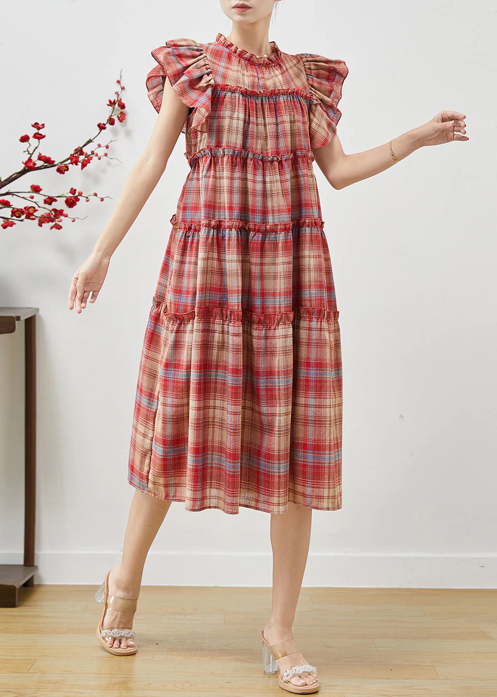 Beautiful Red Ruffled Plaid Cotton Dresses Butterfly Sleeve - Image 2