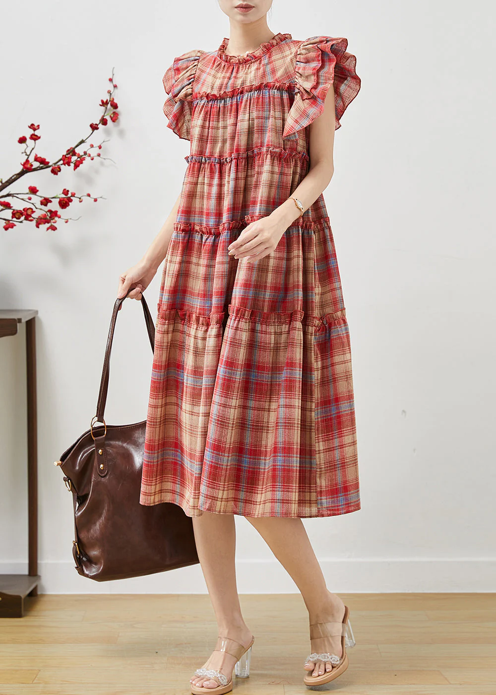 Beautiful Red Ruffled Plaid Cotton Dresses Butterfly Sleeve - Image 3