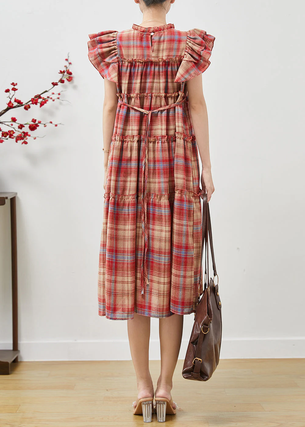 Beautiful Red Ruffled Plaid Cotton Dresses Butterfly Sleeve - Image 4