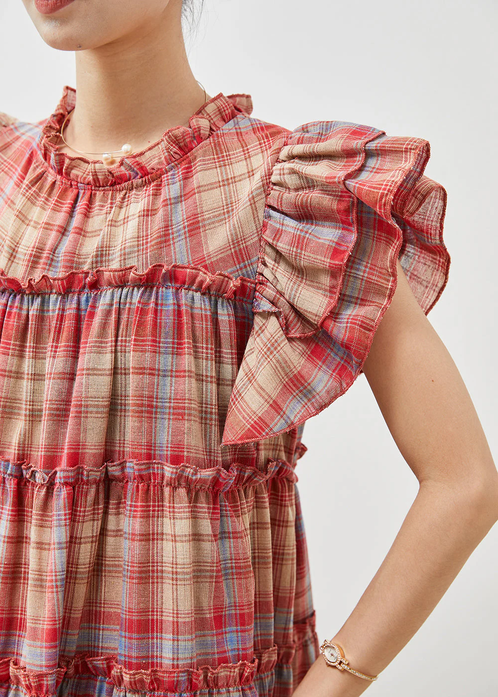 Beautiful Red Ruffled Plaid Cotton Dresses Butterfly Sleeve - Image 5