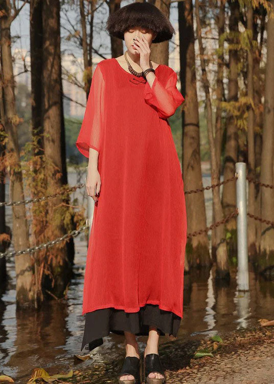 Beautiful Red side open Pockets chiffon Long Dress Three Quarter sleeve - Image 2