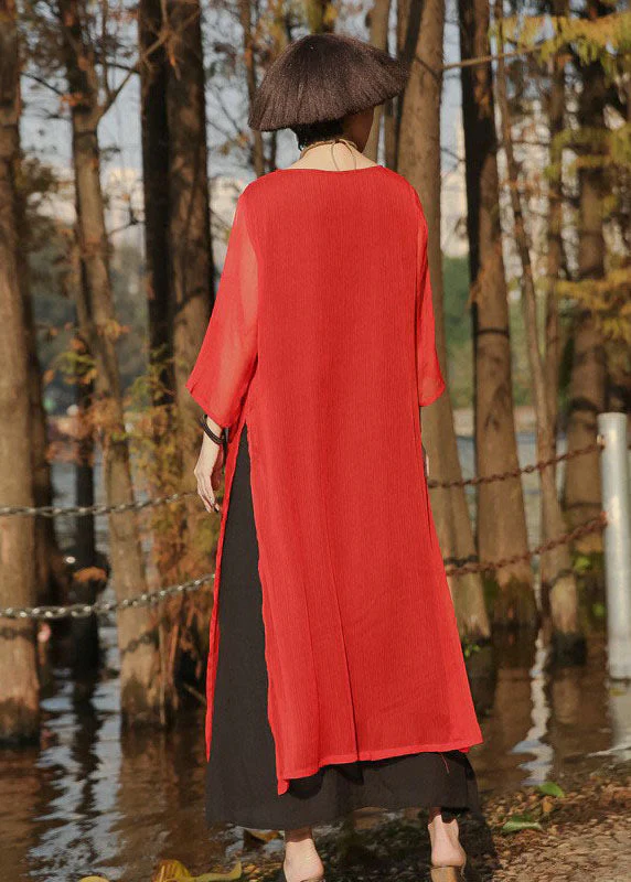 Beautiful Red side open Pockets chiffon Long Dress Three Quarter sleeve - Image 3