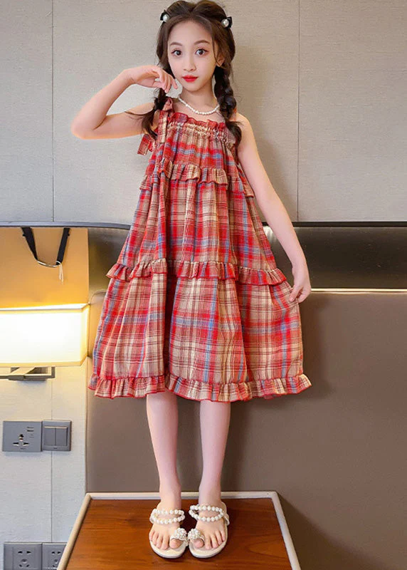 Beautiful Red Slash Neck Ruffled Plaid Patchwork Girls Slip Long Dress Summer - Image 2