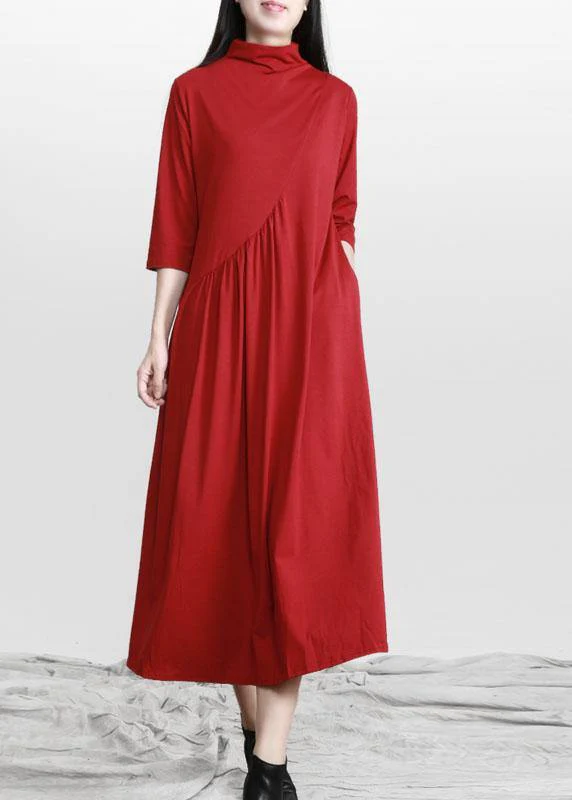 Beautiful Red Stand Cinched asymmetrical design Maxi Dresses Fall - Image 3