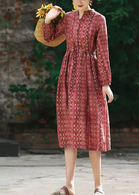 Beautiful Red Stand Collar drawstring Print Linen Dress Long Sleeve - Image 2