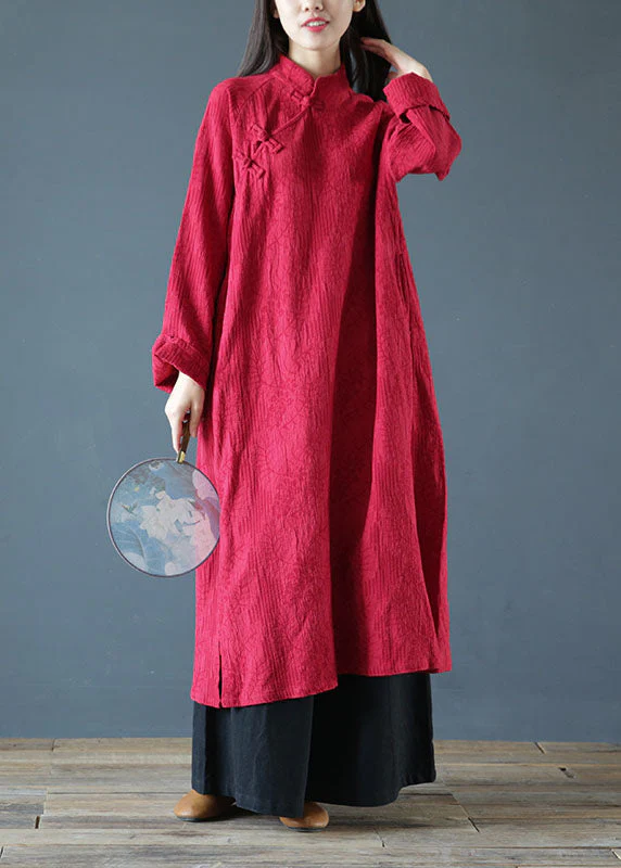 Beautiful Red Stand Collar Jacquard Wrinkled Cotton Dress Cheongsam Spring - Image 2