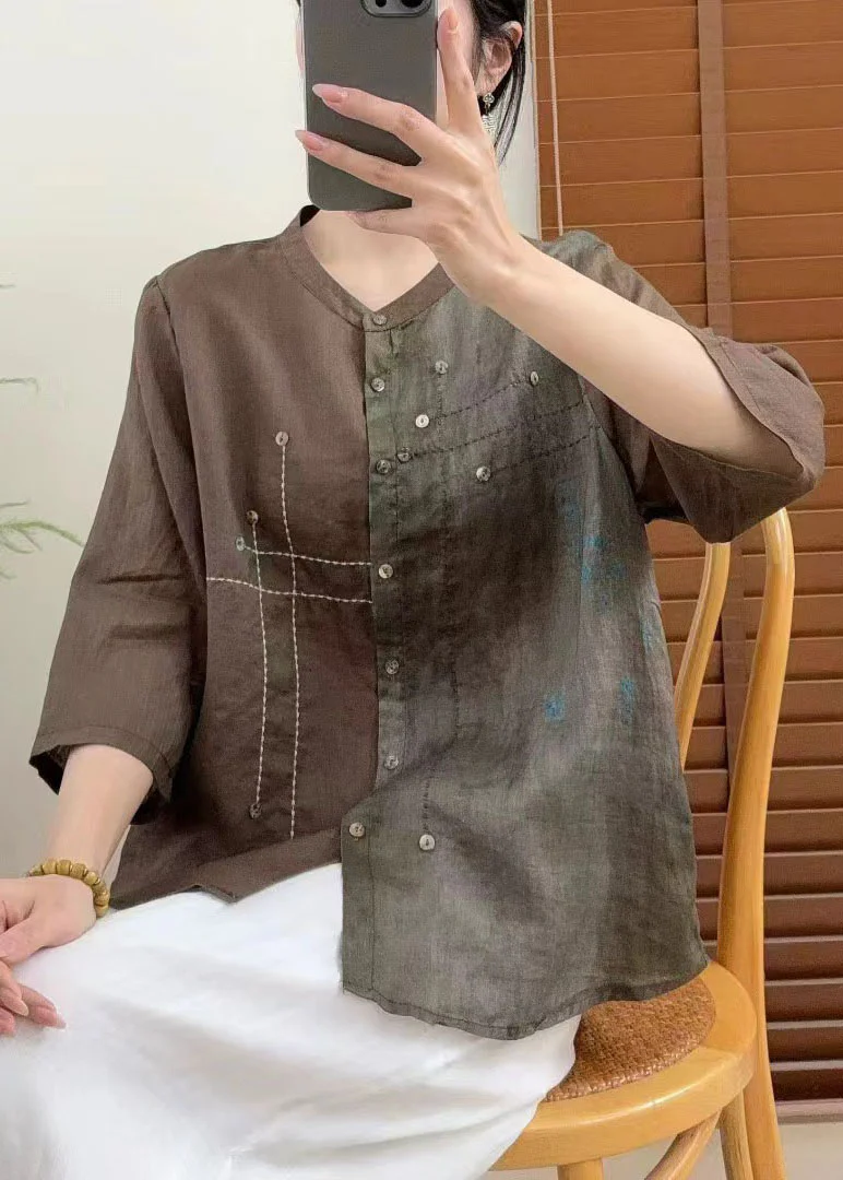 Beautiful Red Stand Collar Tie Dye Patchwork Linen Shirt Bracelet Sleeve - Image 5