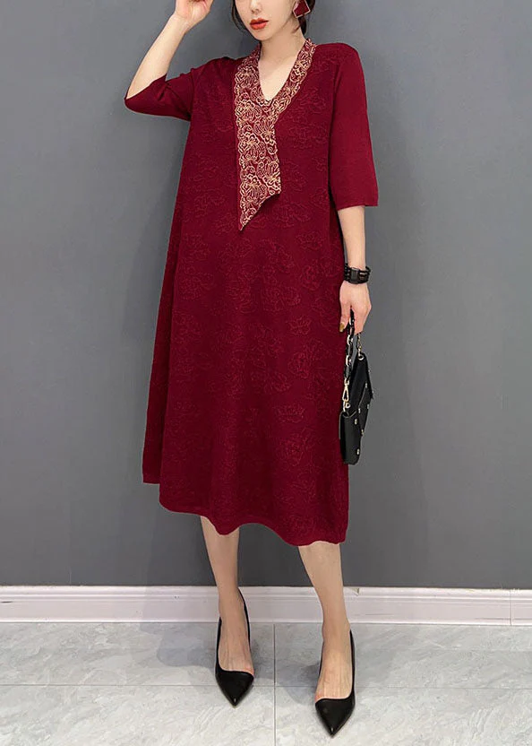 Beautiful Red V Neck Jacquard Slim Fit Cotton Holiday Dress Half Sleeve - Image 2