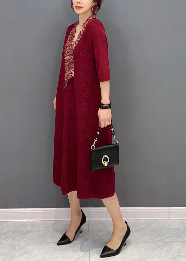 Beautiful Red V Neck Jacquard Slim Fit Cotton Holiday Dress Half Sleeve - Image 3