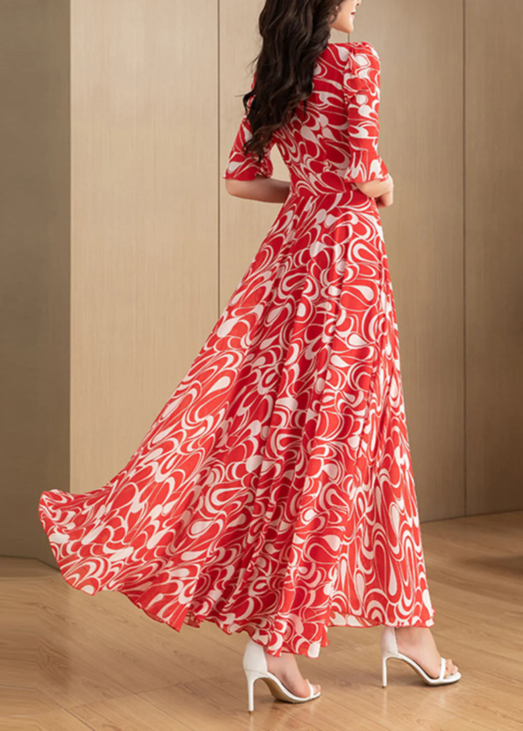 Beautiful Red V Neck Print Chiffon Long Dress Summer - Image 2