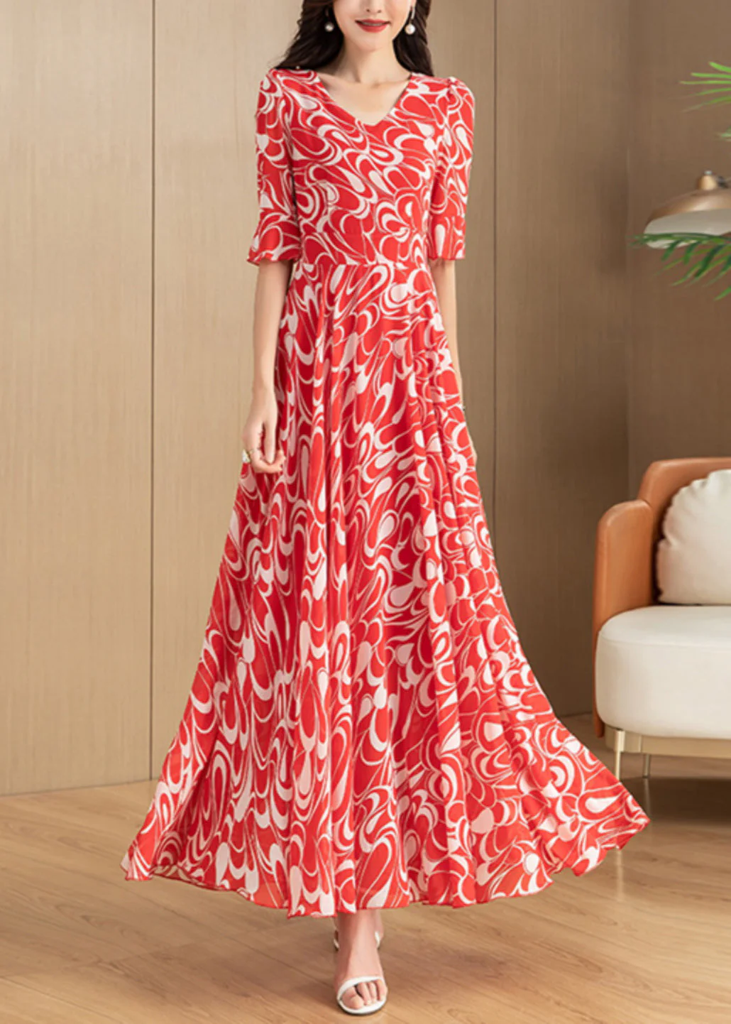 Beautiful Red V Neck Print Chiffon Long Dress Summer - Image 3