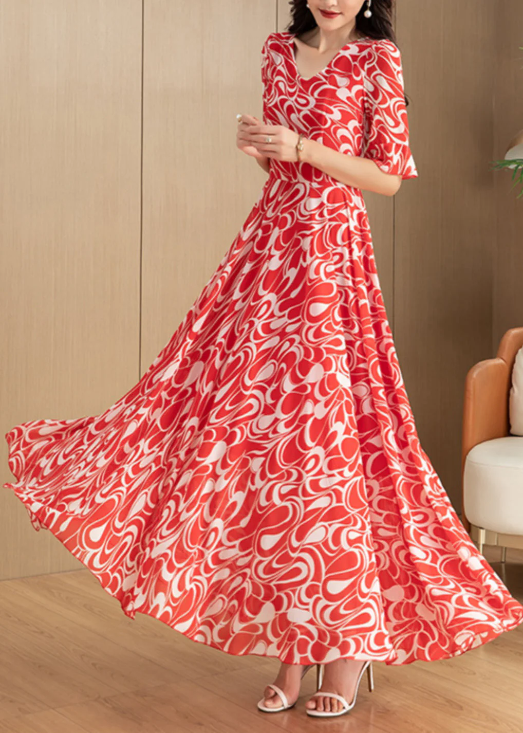 Beautiful Red V Neck Print Chiffon Long Dress Summer - Image 4