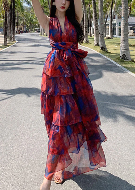 Beautiful Red V Neck Print Chiffon Tunic Maxi Dresses Summer - Image 2