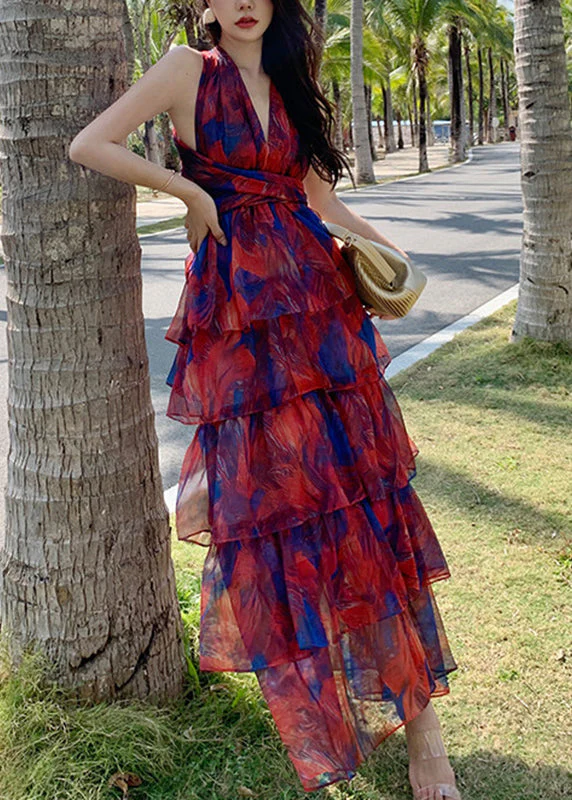 Beautiful Red V Neck Print Chiffon Tunic Maxi Dresses Summer - Image 3