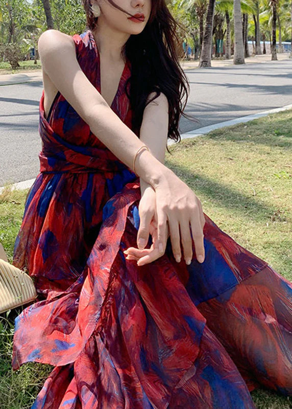 Beautiful Red V Neck Print Chiffon Tunic Maxi Dresses Summer - Image 4