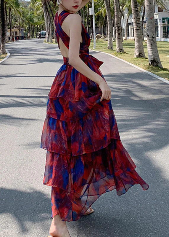 Beautiful Red V Neck Print Chiffon Tunic Maxi Dresses Summer - Image 5