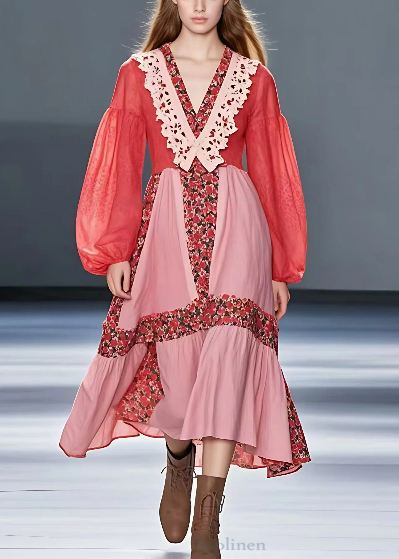 Beautiful Red V Neck Print Patchwork Cotton Dress Long Sleeve - Image 2