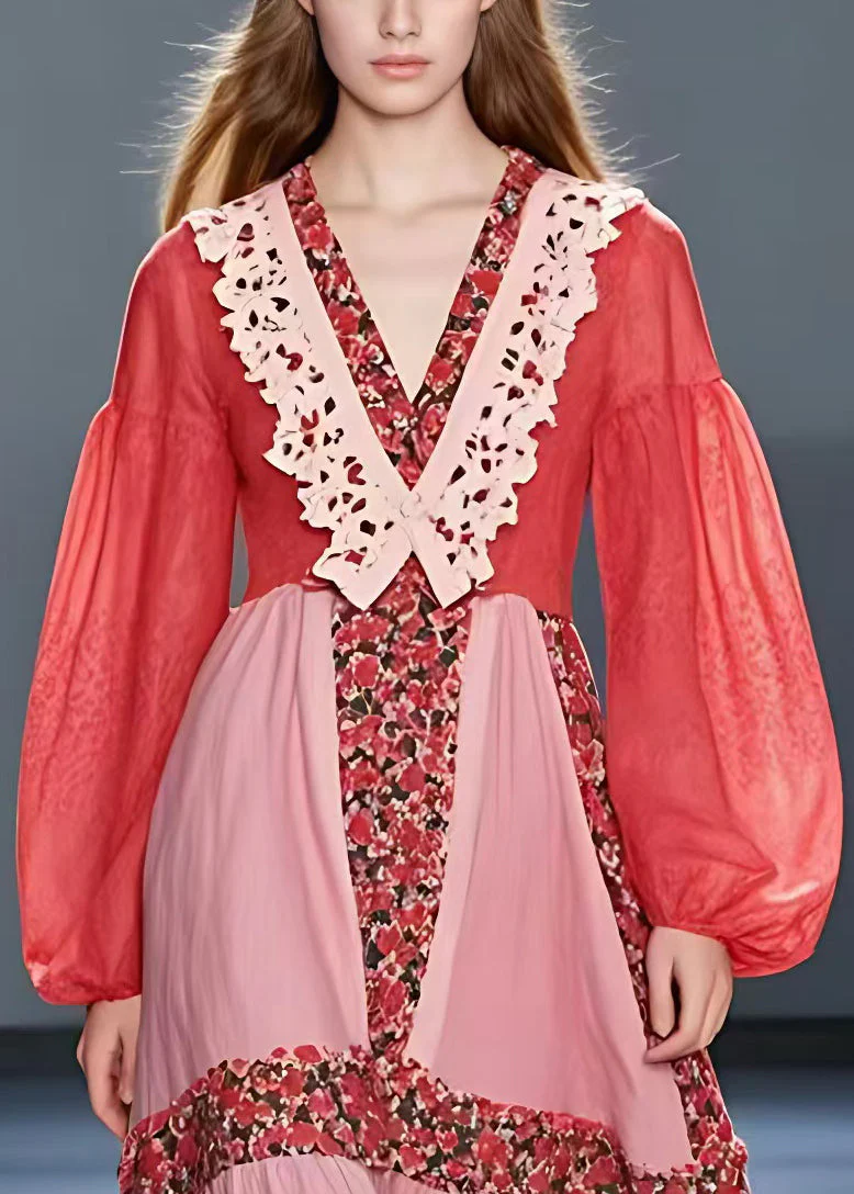 Beautiful Red V Neck Print Patchwork Cotton Dress Long Sleeve - Image 3