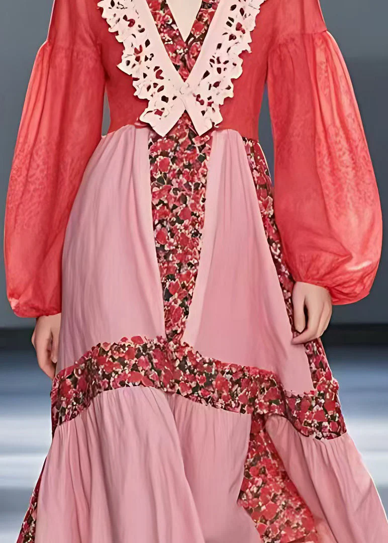 Beautiful Red V Neck Print Patchwork Cotton Dress Long Sleeve - Image 4
