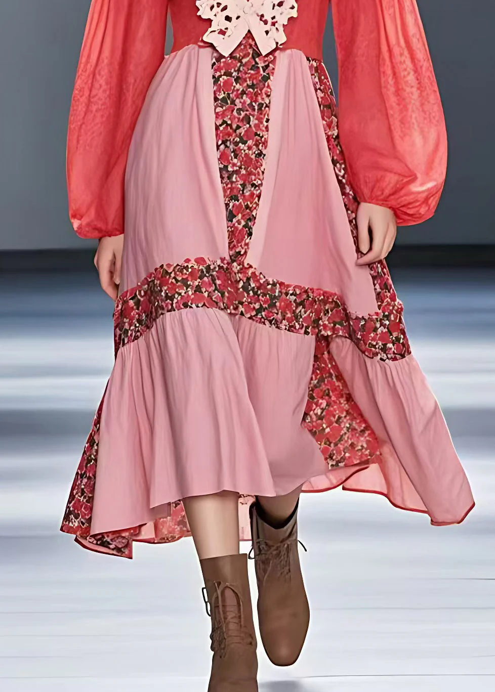 Beautiful Red V Neck Print Patchwork Cotton Dress Long Sleeve - Image 5