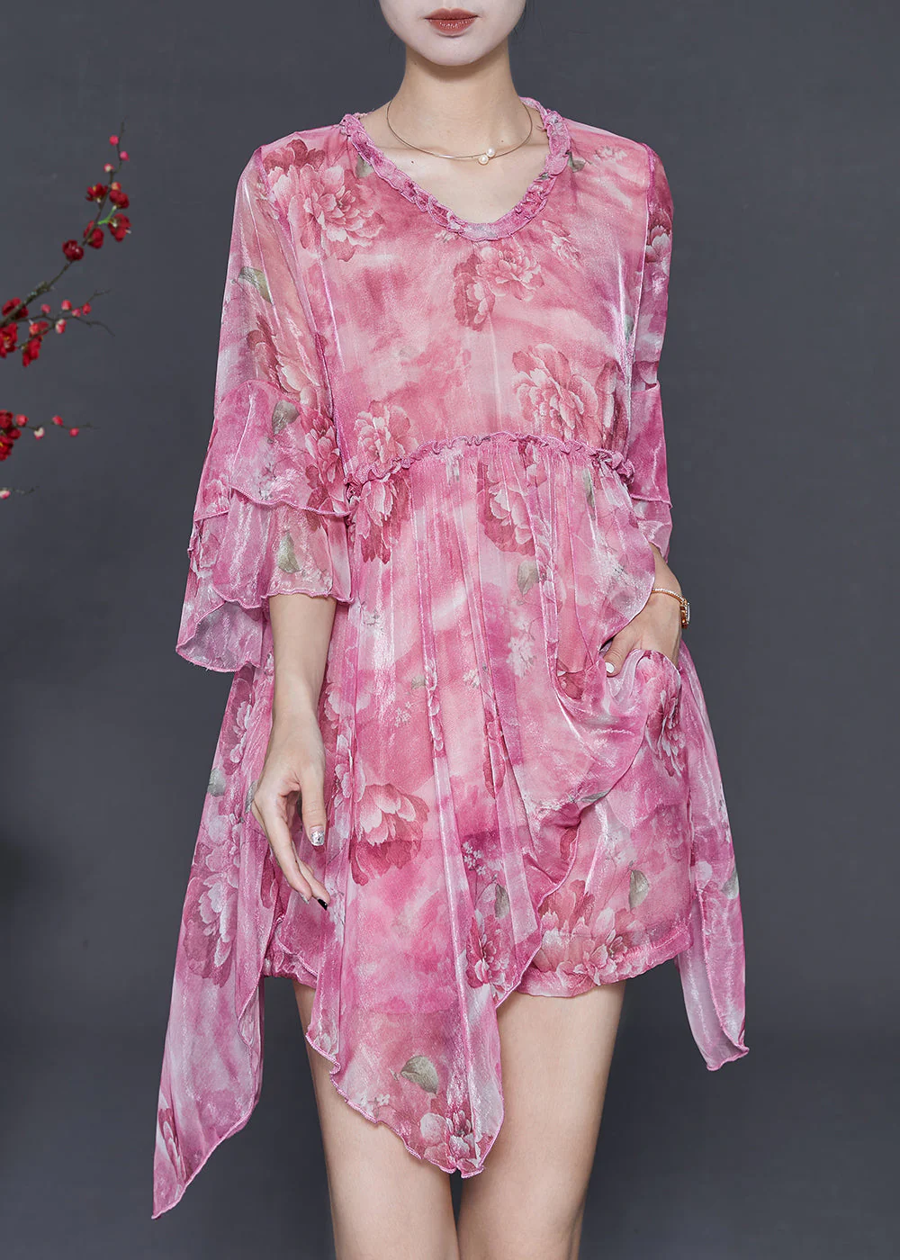 Beautiful Rose Asymmetrical Print Chiffon Mini Dress Two Piece Set Summer - Image 2