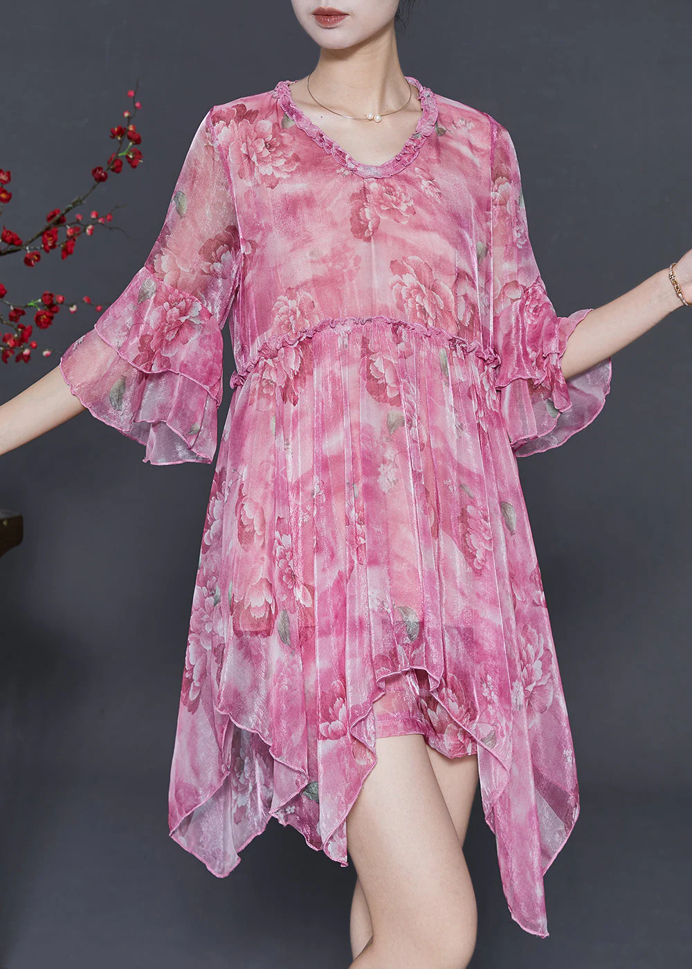 Beautiful Rose Asymmetrical Print Chiffon Mini Dress Two Piece Set Summer - Image 3