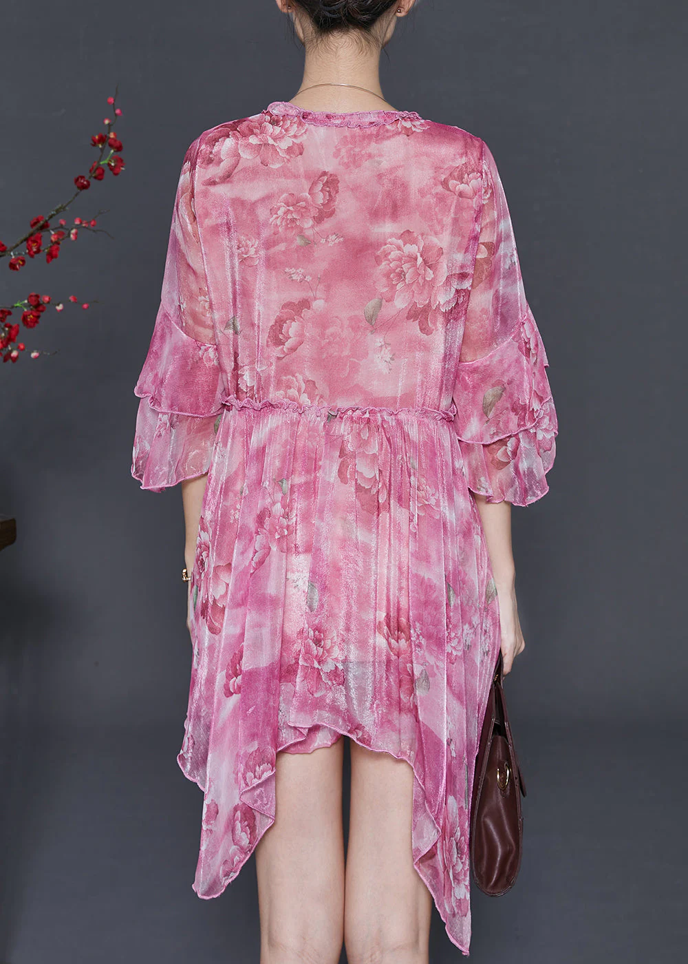 Beautiful Rose Asymmetrical Print Chiffon Mini Dress Two Piece Set Summer - Image 4