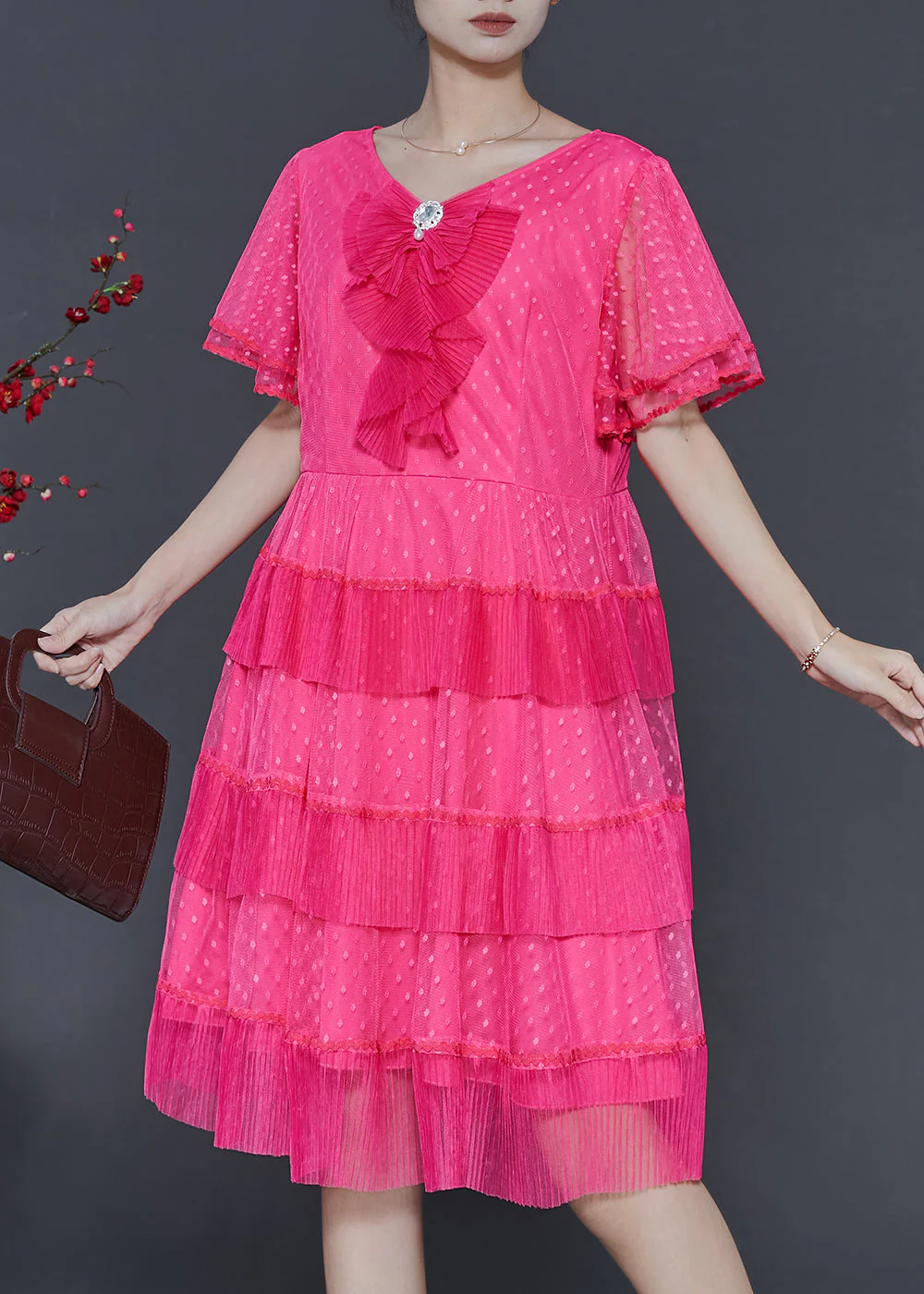 Beautiful Rose Dot Patchwork Tulle Mid Dress Summer - Image 3