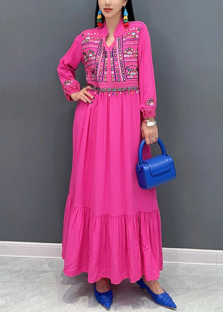 Beautiful Rose Embroidered Patchwork Cotton Long Dresses Fall - Image 2