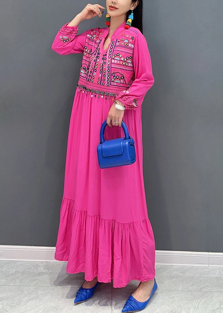 Beautiful Rose Embroidered Patchwork Cotton Long Dresses Fall - Image 3