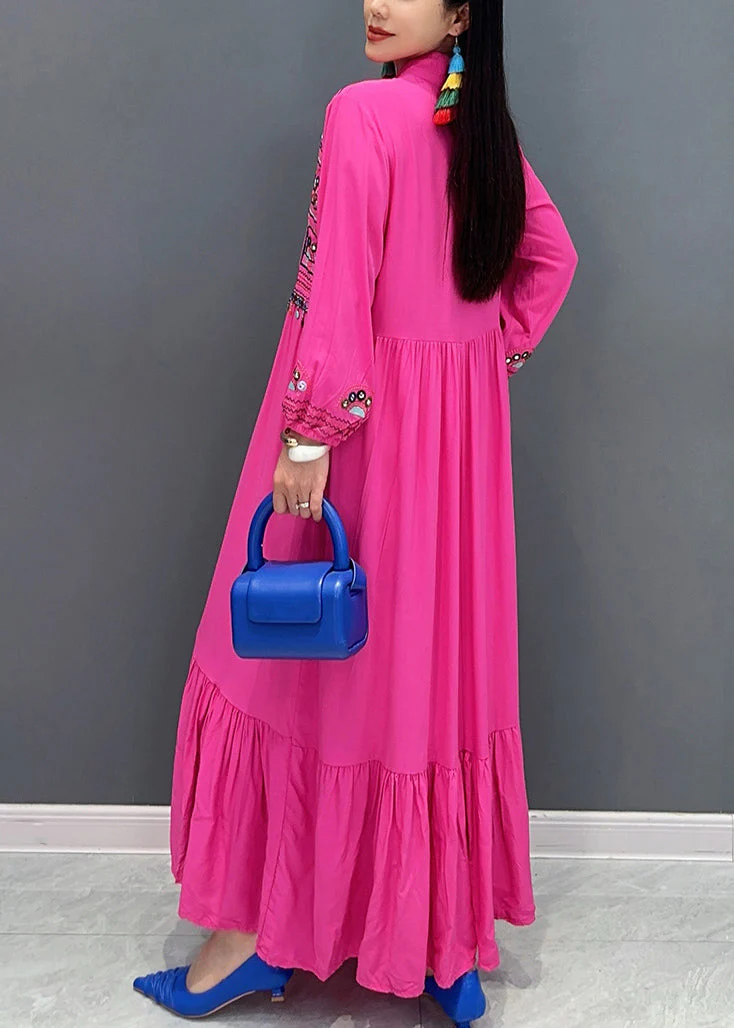 Beautiful Rose Embroidered Patchwork Cotton Long Dresses Fall - Image 4