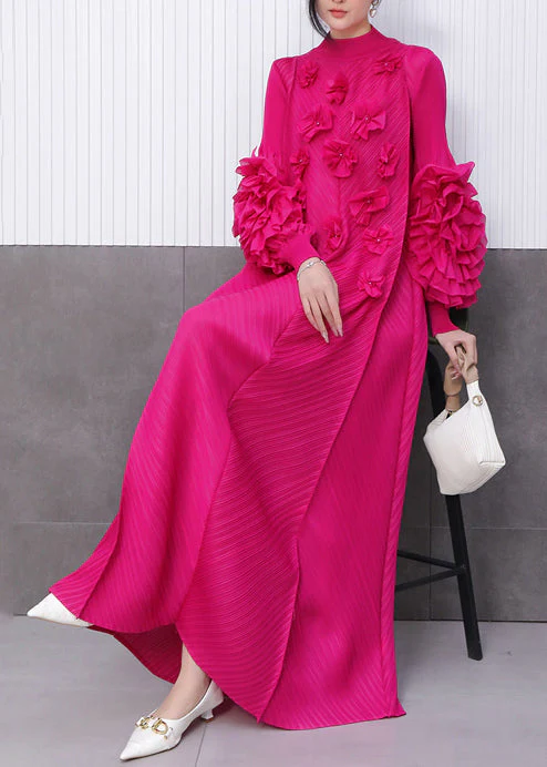 Beautiful Rose Floral Decorated Pleated Texture Maxi Dress Petal Sleeve - Image 2