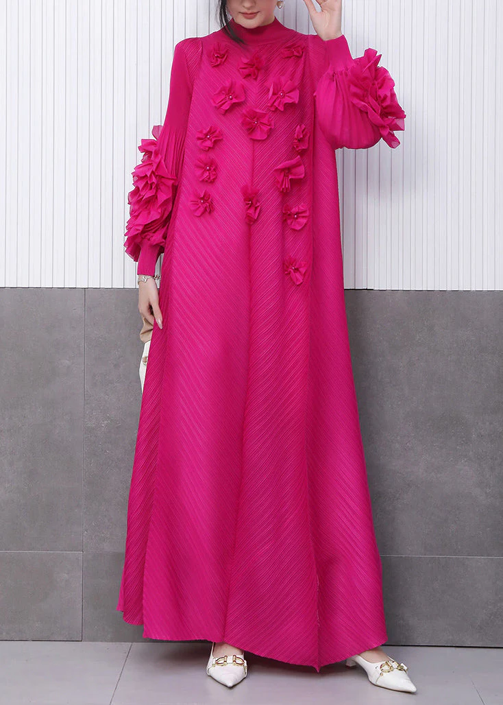 Beautiful Rose Floral Decorated Pleated Texture Maxi Dress Petal Sleeve - Image 3