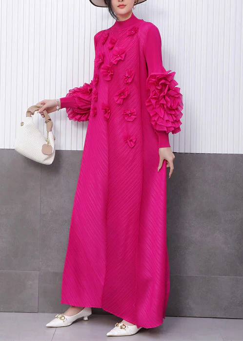Beautiful Rose Floral Decorated Pleated Texture Maxi Dress Petal Sleeve - Image 4