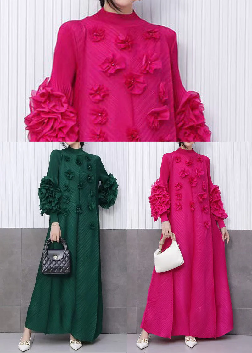 Beautiful Rose Floral Decorated Pleated Texture Maxi Dress Petal Sleeve - Image 5