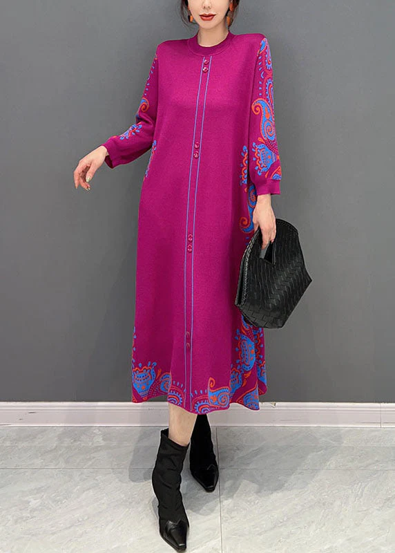 Beautiful Rose Print Button Knit Vacation Dresses Spring - Image 2